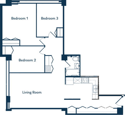Floor plan for 3 beds, 1 bath, 985 sqft